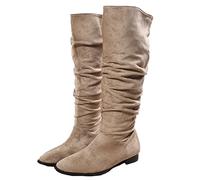 Générique Bottillons Femme Hautes Genoux plates daim Bottes pour femme Chaudes Souple rétro Cowboy Femmes Boot Casual Moderne Tige large Femelles Botte Couleur unie Elégantes Imperméables