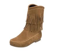 Générique Bottine En Daim Femme Plates Bottines Grande Taille Couleur Unie 2025 Nouveau Botte Décontracté Polyvalent Boot Mi Mollet Chaussure Bout Rond Bottine Bottes Western Femme Country Frange