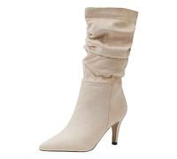 Générique Bottine Femme avec Talon Haut Bottes Mi-Mollet Bottes Mollet Large avec Fermeture Éclair Western Chaussures Femmes Chelsea d'hiver d'automne Bottes de Cowboy Confortables Femmes (Beige, 40)