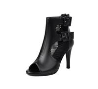 Générique Bottines en Maille Filet Bout Ouvert Femme Double Boucle Talon Aiguille Haut Fermeture Éclair Arrière Respirant Sandales Soirée Mariage Chic,Black PU,39 EU
