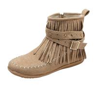 Générique Bottines Femme à Franges Unies Décontractées Confortables Plates Mi-Cylindre Tête Ronde Grandes Occidentales (Beige, 42)