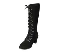 Générique Bottines femme Hautes Genoux à Lacets Talon moyen Dame Bottines cuir véritable Automne Hiver Femmes Bottes Cowboy daim Couleur unie Elégantes Fashion