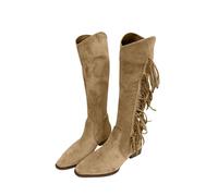 Générique Bottines femme Mi-Mollet daim plates Frange Femelles Botte Elégantes Chaudes rétro Casual à talon Bottes Femmes classiques cuir véritable Automne Hiver Cowboy Mode Couleur unie