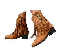 Générique Bottines Larges en Daim pour Femme Botte Indiennes Mi-Mollet Plates Bottes de Cowboy Western Frange Mollets Rétro Confortables Bottes de Marche Confortables et Légères