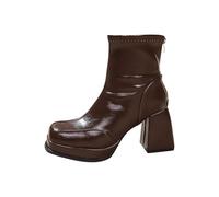 Générique Bottines pour femmes Mi-Mollet épais Talon Cuir Verni Femme Bottine Hiver Cowboy daim Dame Bottes Couleur unie Tige large Glossy Fashion Femmes Bottes Imperméables Elégantes Casual