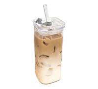 Générique Bottle Glassware - Square Glass Cups | Bottle Glassware with Lid and Straws,Heat-Resistant Beverage Cup for Coffee Tea Juice Desk Kitchen Office Travel Home Party