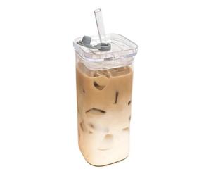 Générique Bottle Glassware - Square Glass Cups | Bottle Glassware with Lid and Straws,Heat-Resistant Beverage Cup for Coffee Tea Juice Desk Kitchen Office Travel Home Party
