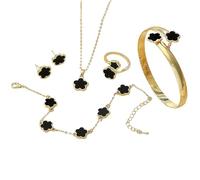 Générique Boucle Oreille Acier Inoxydable Parure de bijoux à fleurs avec bracelet, collier, boucles d'oreilles et bague à 5 feuilles pour femme Boucle D'Oreille Enfant Fille (Black, 15X10X10CM)