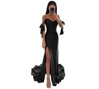 Générique Bow Ruffle Women's Bridesmaid Dresses Strapless Satin Formal Evening Gowns Black M