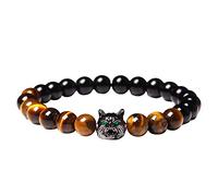 Générique Bracelet Couple Cadeau Bracelet en cristal d'améthyste à breloque tête de loup avec perles rondes en oeil de naturel perles (L, A)