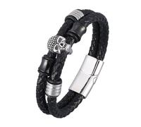 Générique Bracelet Cuir Homme, Bracelet En Cuir Double Couche Pour Homme, Bijou Manchette Fait Main Avec Breloque Tête De Mort, Bijou Punk Rock Halloween Pour Petit Ami, Mari, Noir, Argent, 18,5