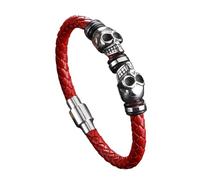 Générique Bracelet Cuir Homme, Bracelet Tête De Mort Punk Rock 6 Mm En Cuir Véritable Tressé Fait Main Avec Fermoir Magnétique, Bijou Gothique Halloween Pour Papa, Mari, Petit Ami, Rouge 20,5