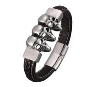 Générique Bracelet Cuir Homme, Bracelet Tête De Mort Punk Rock Fait Main En Cuir Véritable Tressé Avec Fermoir Magnétique, Bijou D'Halloween Pour Papa, Mari, Petit Ami, Marron 18,5 Cm