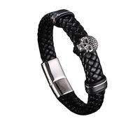 Générique Bracelet Cuir Homme, Bracelet Tête De Mort Punk Rock Pour Homme, Bijou Tressé Fait Main Avec Fermoir Magnétique, Bijou D'Halloween, Cadeau Pour Petit Ami, Frère, Noir, 17,5 Cm