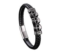Générique Bracelet Cuir Homme, Bracelet Tressé En Cuir Pour Homme, Fermoir Magnétique, Bijou Tête De Mort Fait Main Avec Pochette, Bijou Punk Rock Halloween, Cadeau Pour Petit Ami, Frère, Noir