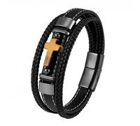 Générique Bracelet De Foi pour Homme En Cuir avec Croix Religieuse Bracelet Tressé Multicouche avec Fermoir Magnétique Corde En Cuir Larges Bracelets Bijoux Cadeaux Noir 23 Cm