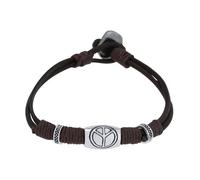 Générique Bracelet en cuir marron décoré de cordons en coton ciré et de perles plaquées argent, l'une d'elles avec le symbole de la paix. Avec une fermeture en alliage de ton argent original.