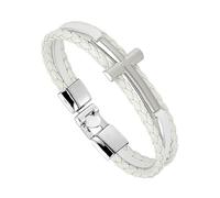 Générique Bracelet En Cuir pour Homme Bracelet En Cuir avec Croix Tressé À La Main avec Fermoir Bracelets Religieux Cadeau pour Garçon Bijoux Accessoires Croix Blanche/Argentée 19 Cm