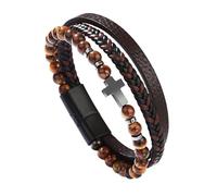 Générique Bracelet En Cuir Pour Homme, Bracelet En Cuir Croisé Pour Homme, Tressé Multicouche, Perles En Pierre Naturelle De Lave Œil De Tigre, Manchette, Bijoux De Foi, Crucifix, Bijoux En Cri
