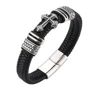 Générique Bracelet En Cuir Pour Homme, Bracelet En Cuir Tressé Fait Main Pour Homme, Bijou Crucifix, Amulette De Méditation, Empilable, Bijoux D'Halloween, Cadeaux Pour Femmes, Noir, 19,5 Cm