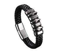 Générique Bracelet En Cuir Pour Homme, Bracelet En Cuir Tressé Pour Homme Fait Main Punk Cercle Manchette Bijoux Avec Boucle Vintage Couple Bijoux Cadeaux Pour Papa Lui Mari Cuir Noir Argent 20,5