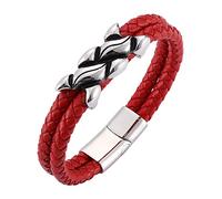 Générique Bracelet En Cuir Pour Homme, Bracelet En Cuir Véritable Pour Femme, Double Couche Tressée, Avec Fermeture Magnétique, Style Viking Vintage, Cadeau Pour Papa, Lui, Mari, Rouge, 17,5 Cm