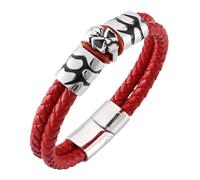 Générique Bracelet En Cuir Pour Homme, Bracelet En Cuir Véritable Pour Homme, Bijou Tête De Mort Punk Rock Avec Fermoir Magnétique, Bijoux D'Halloween, Cadeaux Pour Papa, Mari, Petit Ami, Rouge