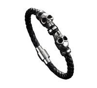 Générique Bracelet En Cuir Pour Homme, Bracelet Tressé En Similicuir Avec Têtes De Mort, Fait À La Main, Style Viking, Avec Boucle, Style Squelette Vintage, Cadeau Pour Papa, Lui, Mari, Noir, 2