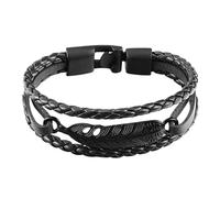 Générique Bracelet En Cuir Tressé Pour Homme, Orné D'Ailes D'Ange Et De Plumes. Manchette En Cuir Avec Boucle. Bijou Vintage Empilable Multi-Rangs, Style Punk Rock, Unisexe, Noir + Boucle Noire,
