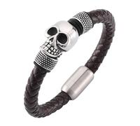 Générique Bracelet Homme Cuir, Bracelet En Cuir Véritable Pour Homme Punk Rock Crâne Bijoux Faits Main Avec Fermoir Magnétique Bijoux Gothiques D'Halloween Pour Papa Mari Petit Ami Marron 19,5