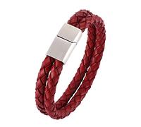Générique Bracelet Homme Cuir, Bracelet Tressé En Cuir Pour Femme, Double Couche, Corde Tressée, Bijou Avec Fermeture Magnétique, Style Viking Vintage, Cadeau Pour Papa, Lui, Mari, Rouge, 17,5