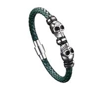 Générique Bracelet Homme Cuir, Bracelet Tressé En Similicuir Avec Têtes De Mort, Fait À La Main, Style Viking, Avec Boucle, Style Squelette Vintage, Cadeau Pour Papa, Lui, Mari, Vert, 16,5 Cm