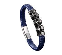 Générique Bracelet Homme Cuir, Bracelet Tressé En Similicuir Vintage Avec Tête De Mort Et Boucle, Bijou Viking Fait Main, Idéal Pour Papa, Lui Ou Son Mari, Bleu, 20,5 Cm