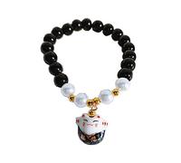 Générique Bracelet Japonais Maneki Neko (招き猫) Porte Bonheur Perles et Chat Breloques Céramique 18 CM Ajustable (Noir)