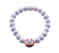 Générique Bracelet Japonais Maneki Neko (招き猫) Porte Bonheur Perles Naturelles (18 cm réglable) (Blanc Marbré Turquoise)