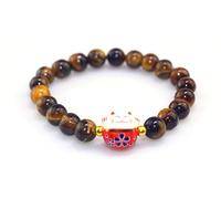 Générique Bracelet Japonais Maneki Neko (招き猫) Porte Bonheur Perles Naturelles (18 cm réglable) (Oeil de Tigre)