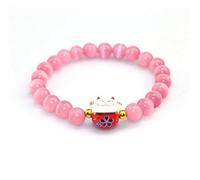 Générique Bracelet Japonais Maneki Neko (招き猫) Porte Bonheur Perles Naturelles (18 cm réglable) (Rose Kawaï)