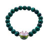 Générique Bracelet Japonais Maneki Neko (招き猫) Porte Bonheur Perles Naturelles (18 cm réglable) (Vert Malachite)