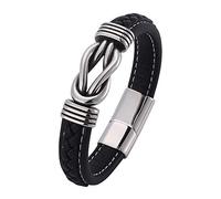 Générique Bracelet Jonc En Cuir Tressé À La Main Avec Fermoir Magnétique, Motif Nœud Infini, Style Vintage Punk, Noir, 18,5 Cm. Idéal Comme Cadeau Pour Papa, Lui Ou Mari.