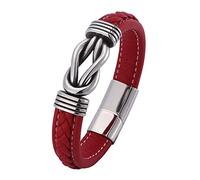 Générique Bracelet Jonc En Cuir Tressé À La Main Avec Fermoir Magnétique, Motif Nœud Infini, Style Vintage Punk, Rouge, 17,5 Cm. Idéal Comme Cadeau Pour Papa, Lui Ou Mari.