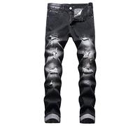 Générique Breaking Hole Straight Jeans pour Homme Pantalon Slim en Jean lavé à la Fourche Jeans Stretch Moto lavé Trou cassé Zip (Noir,38)