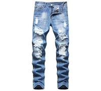 Générique Breaking Hole Straight Jeans pour Homme Pantalon Slim en Jean lavé à la Fourche Jeans Stretch Moto lavé Trou cassé Zip (Bleu Clair,36)