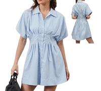 Générique Button Front Pleated Stripe Short Sleeve,Womens Summer Dresses Casual,Mini Shirt Dresses with Pocket (Blue, S)