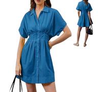 Générique Button Front Pleated Stripe Short Sleeve,Womens Summer Dresses Casual,Mini Shirt Dresses with Pocket (Dark Blue, L)