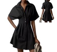 Générique Button Front Pleated Stripe Short Sleeve,Womens Summer Dresses Casual,Mini Shirt Dresses with Pocket (Black, XL)