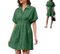 Générique Button Front Pleated Stripe Short Sleeve,Womens Summer Dresses Casual,Mini Shirt Dresses with Pocket (Dark Green, M)