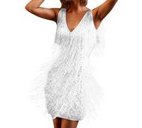 Générique Cadeau Femme Robe Gatsby Couleur Unie sans Manche 1920S Robe à Frange Bretelles Robe à Charleston Déguisement pour Soirée Danse Latine Robe Soiree Paillette Costume Samba(2-Blanc,S)