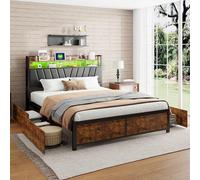 Générique Cadre de Lit 160x200 avec Sommier en Métal, Lit Coffre avec Lumières LED et Multiprise avec USB C et Port USB, 4 Tiroirs de Rangement, Facile à Assembler, Marron Vintage