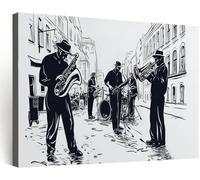Générique Cadre en Bois Impression sur Toile Decoration Murale Peinture 120x60 cm, Tableaux Decoratifs Muraux Grand Moderne Déco Bureau Salon Restaurant - Orchestre de Jazz Moderne Noir et Blanc
