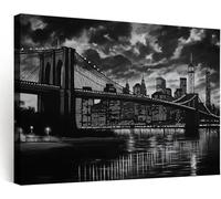 Générique Cadre en Bois Impression sur Toile Decoration Murale Peinture 70x50 cm, Tableaux Decoratifs Muraux Grand Moderne Déco Salon Bureau Chambre - NYC Skyline Brooklyn Bridge Nuit